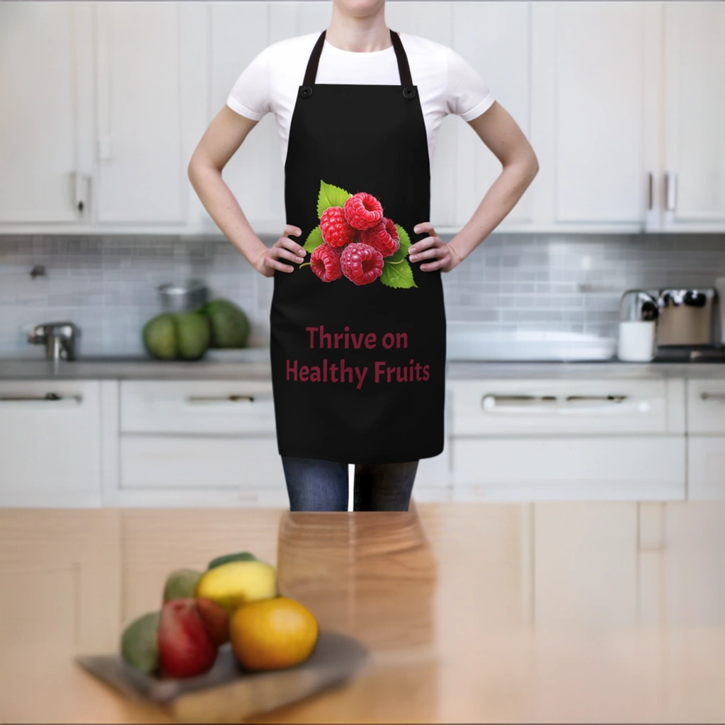 Chef Apron | a woman wearing a black apron with raspberries on it