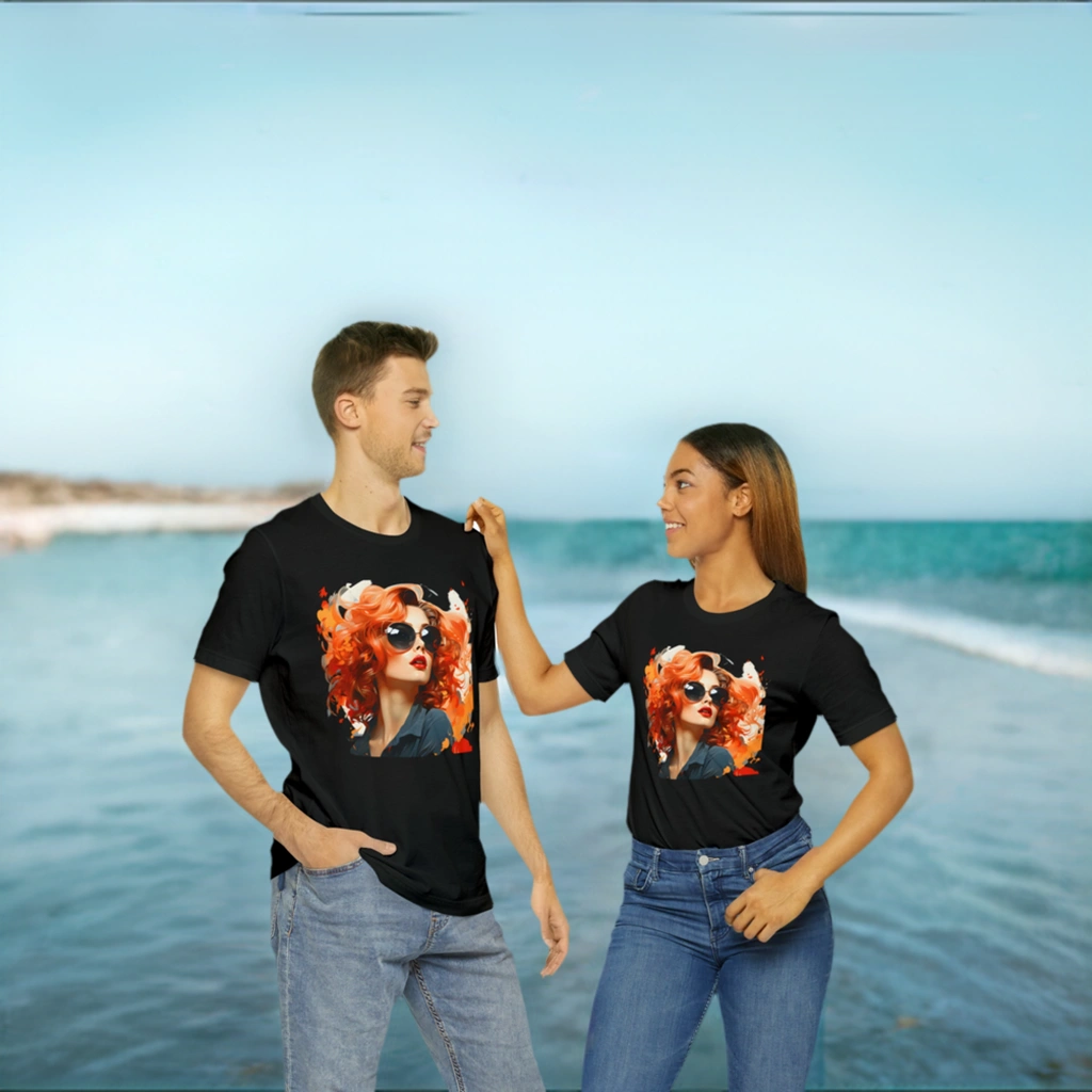 Couple t shirt | a man wearing a white t - shirt with a picture of a woman wearing sunglasses