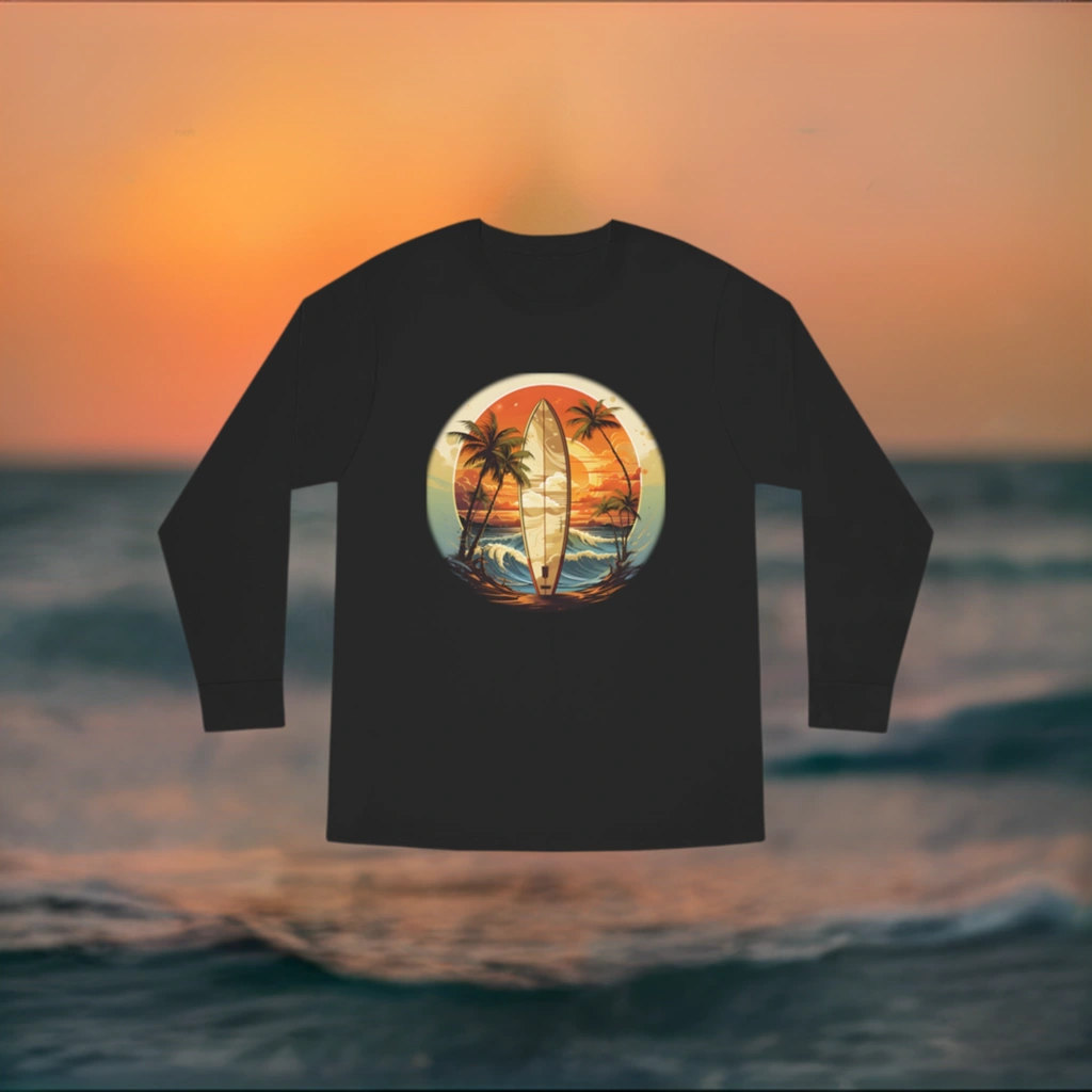 Long Sleeve t shirt | a man wearing a black shirt with a surfboard on it