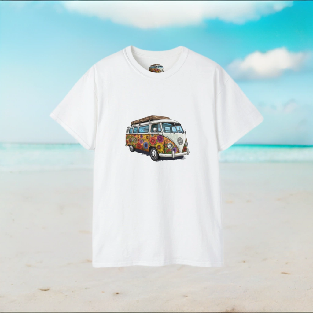 men tee graphic | a yellow t - shirt with an image of a van bus