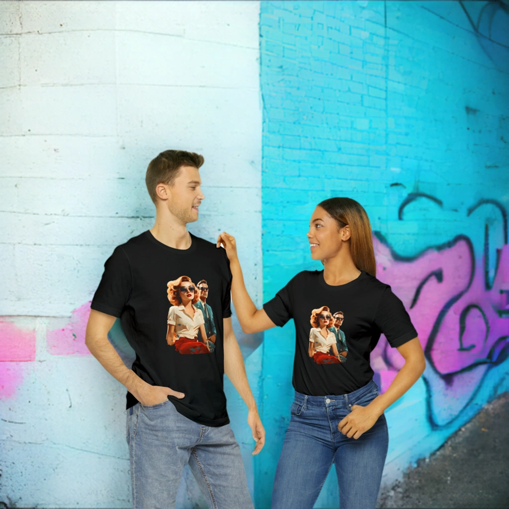 Couple t shirt | a woman wearing a black t - shirt with a picture of a man and woman