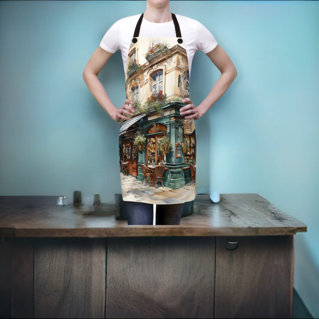 Chef Apron | a woman wearing an apron with a picture of a building on it