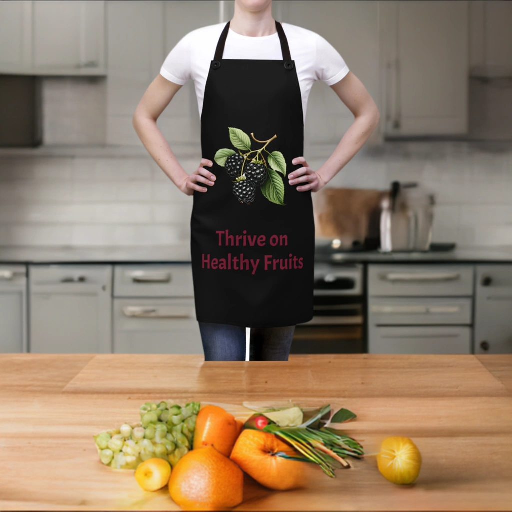 Chef Apron | a woman wearing a black apron with blackberries on it