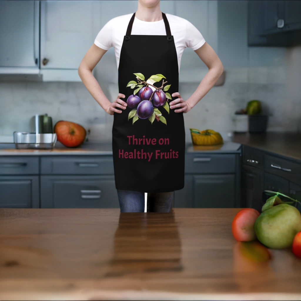 Chef Apron | a woman wearing an apron with fruit on it