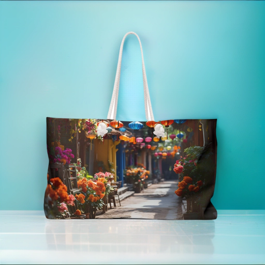 Weekender Tote Bag | a shopping bag with a picture of a flower shop