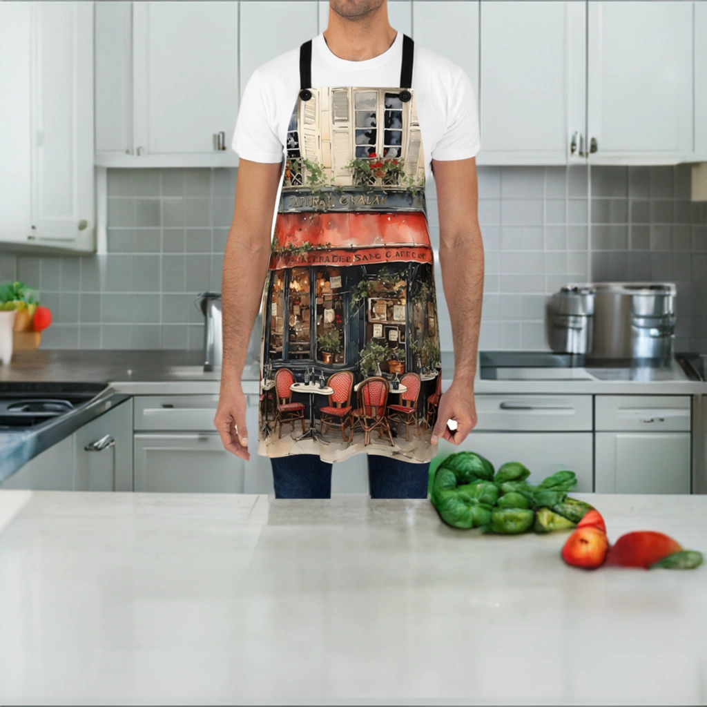 Chef Apron | a man wearing an apron with a picture of a restaurant