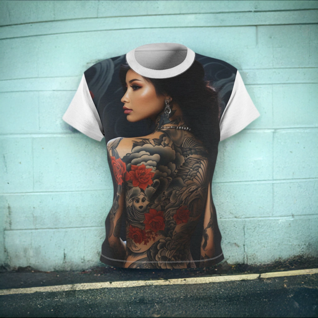 Women Tee | a women's t - shirt with a picture of a woman with a dragon