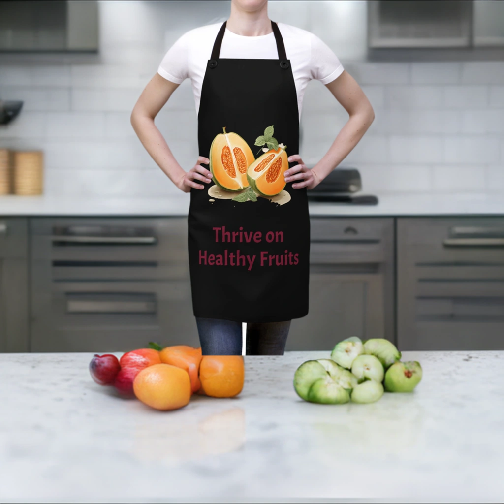 Chef Apron | a woman holding a black apron with a picture of two oranges on it