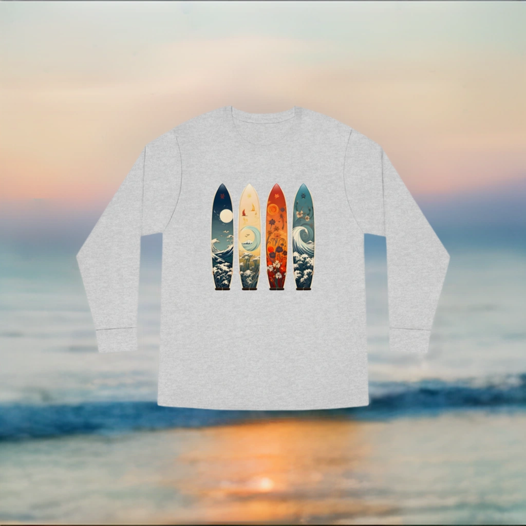 Long Sleeve t shirt | a man wearing a black shirt with four surfboards on it