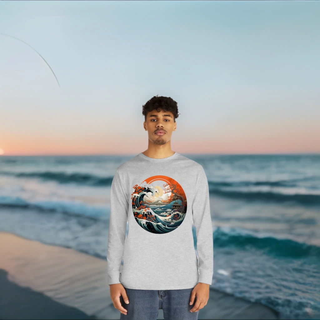 Long Sleeve t shirt | a man wearing a long sleeve shirt with an image of a wave in the ocean