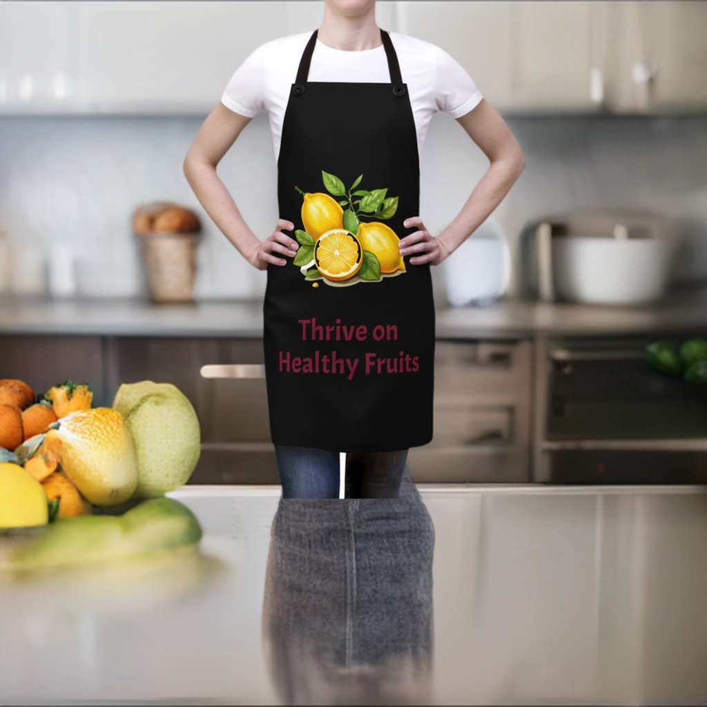 Chef Apron | a woman wearing a black apron with oranges on it