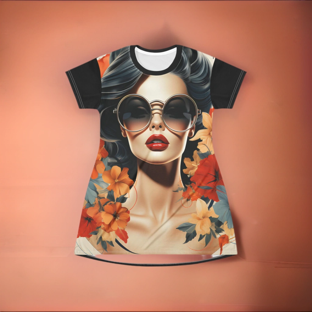 woman shirt dress | a women's t - shirt with a picture of a woman wearing sunglasses