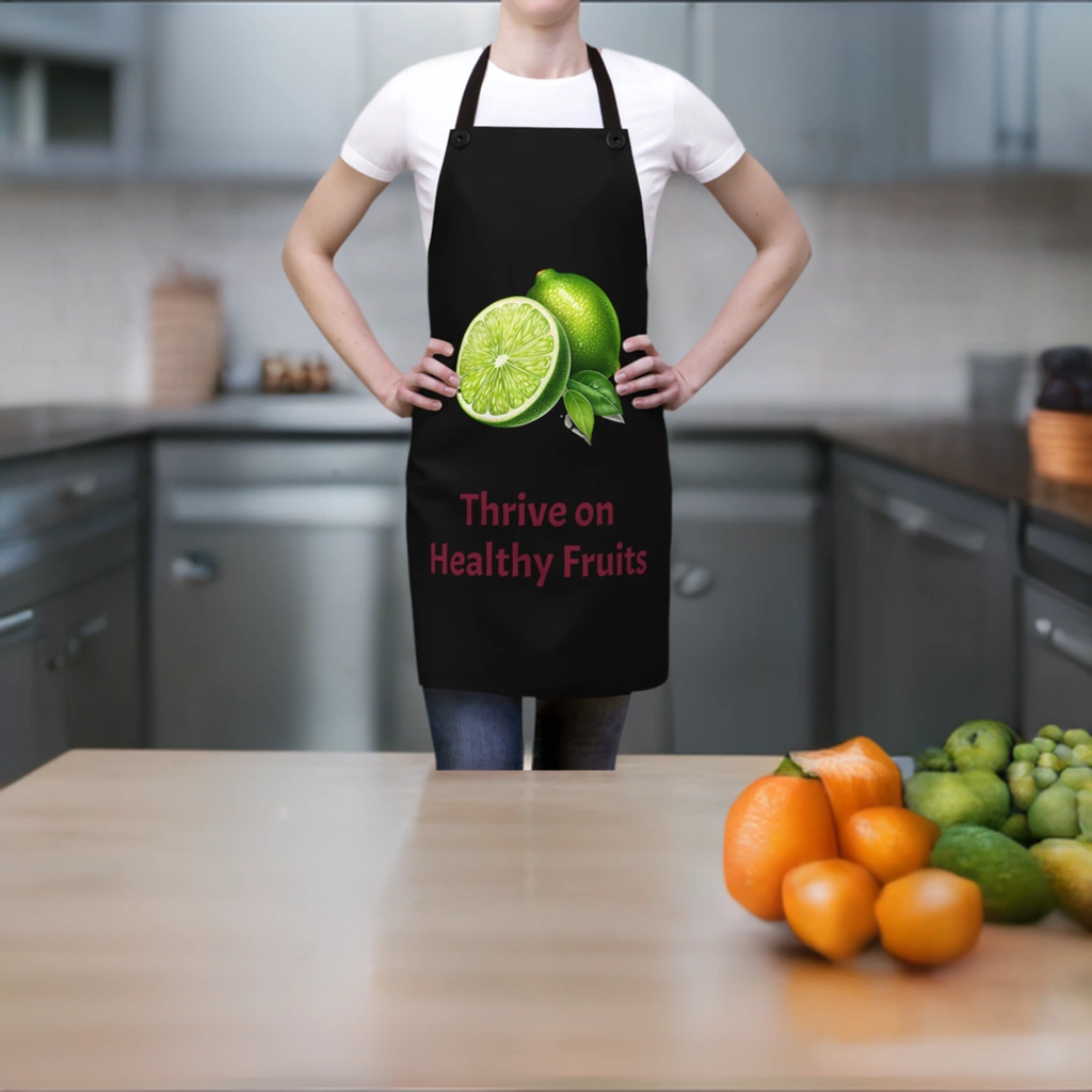 Chef Apron | a woman wearing a black apron with a green apple on it