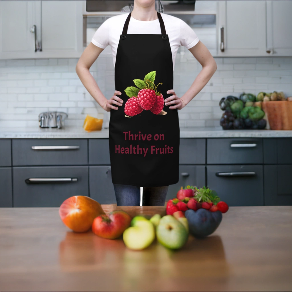 Chef Apron | a woman wearing a black apron with raspberries on it