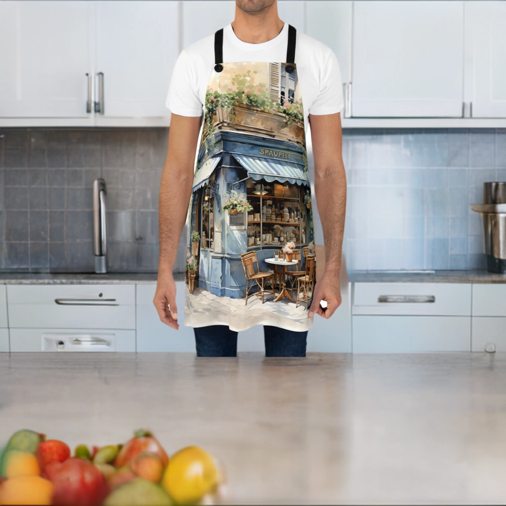 Chef Apron | a man wearing an apron with a picture of a store front