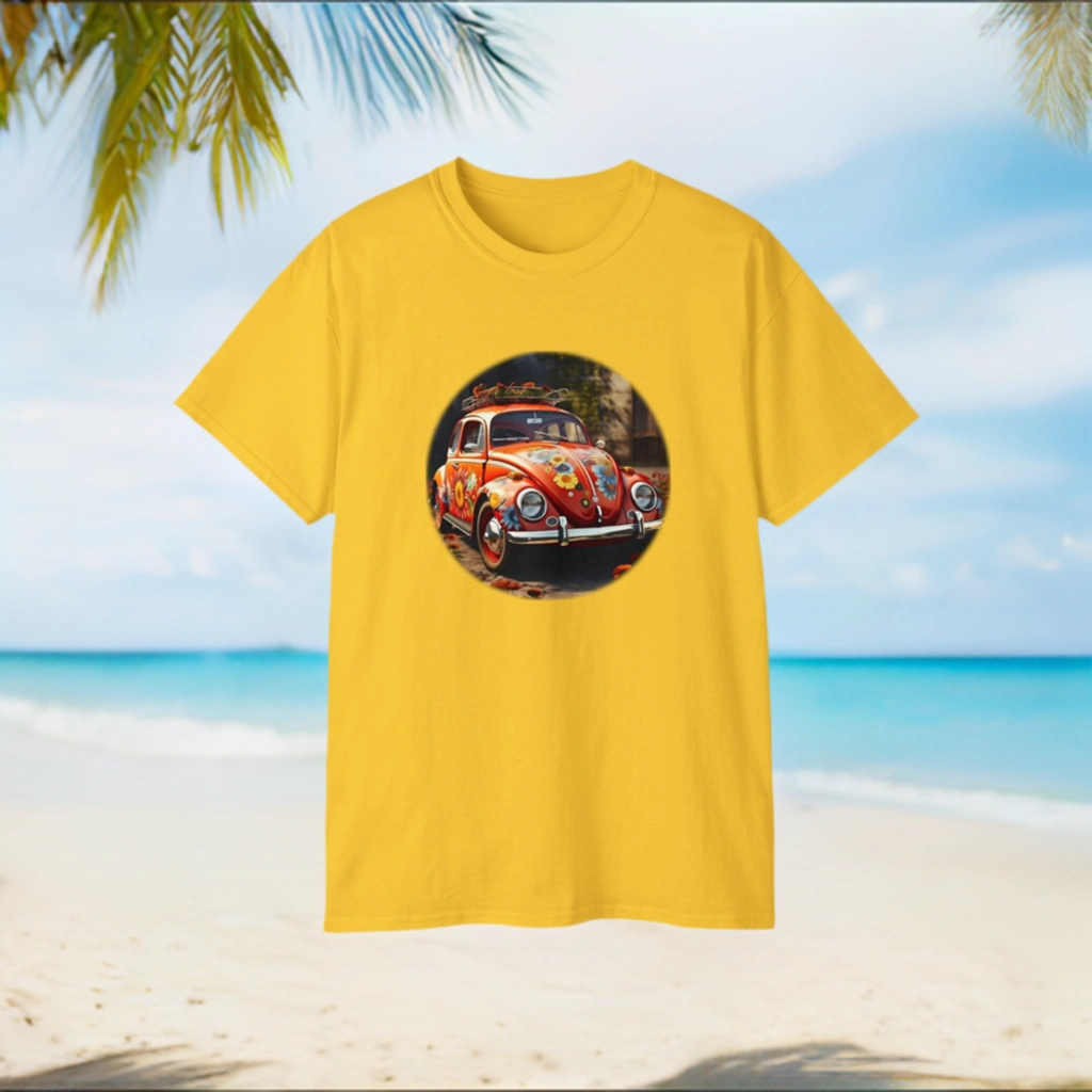 men tee graphic | a black t - shirt with an orange van bug on it